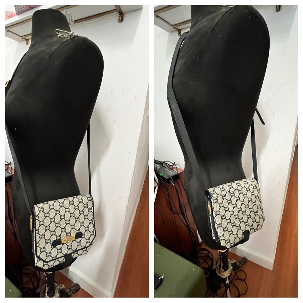 RARE Authentic Vintage GUCCI PLUS Monogram Blue Leather Cross Body Bag